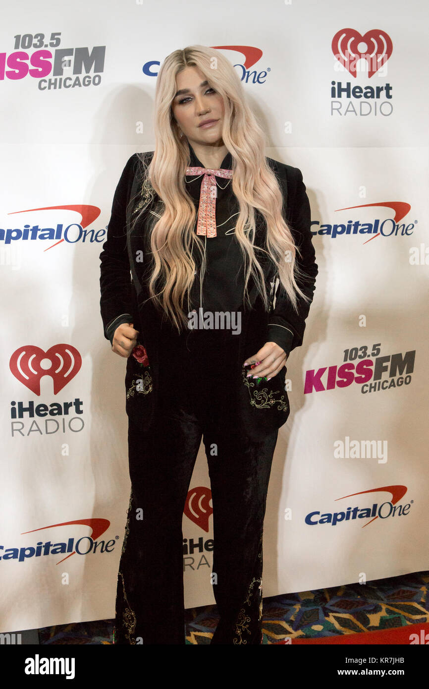 Kesha walks the red carpet at 103.5 KISS FM iHeartRadio Jingle Ball at Allstate Arena on December 13, 2017 in Rosemont, Illinois. Stock Photo