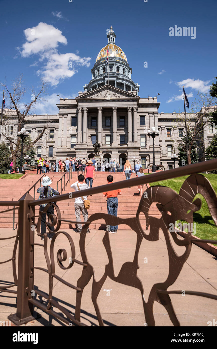 Vertical image of Colorado State Capitol Building and original fence, Denver, Colorado, USA,  North America, United States Stock Photo