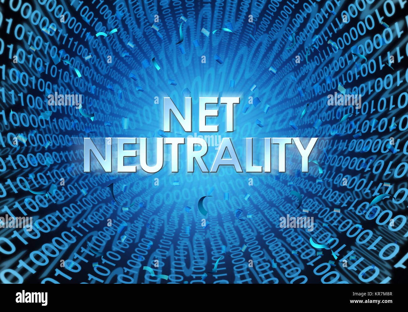 Net neutrality concept as an internet regulation idea with text and binary cade as an online technology metaphor for web freedom. Stock Photo