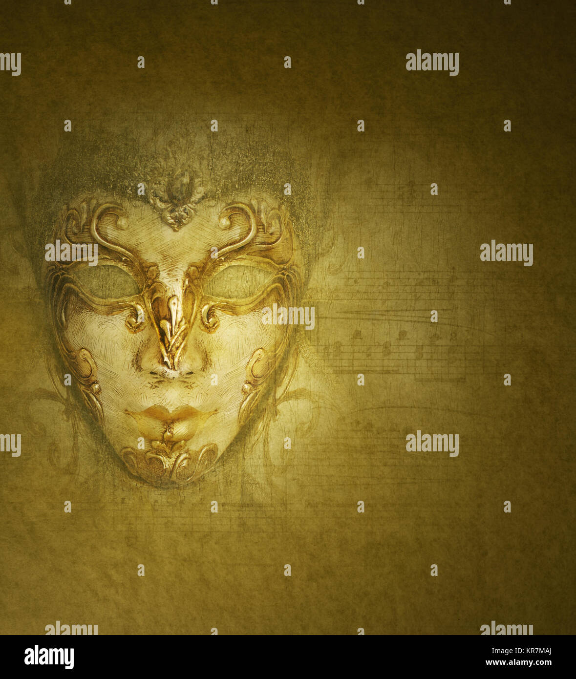 Beautiful vintage background golden mask with musical score in the background Stock Photo
