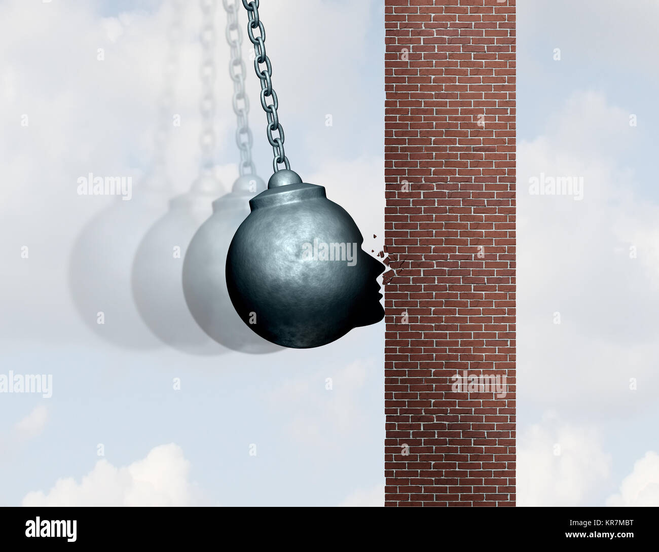 Hit a brick wall struggle concept as a wrecking ball shaped as a human head hitting an obstacle with 3D illustration elements. Stock Photo