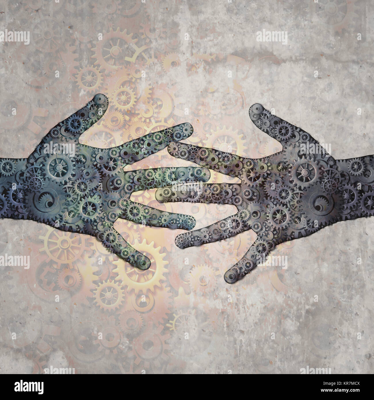 Technology and life conceptual design as a machine learning abstract concept with mechanical robotic hands made of gears connecting together. Stock Photo