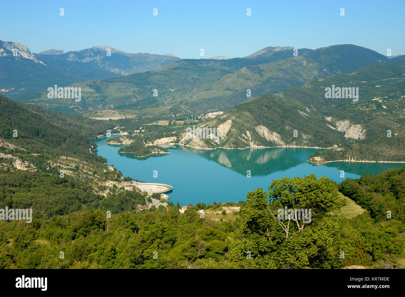 Aerial View over Castillon Lake, Reservoir and Hyroelectric Dam near Castellane, in the Verdon Valley, Alpes-de-Haute-Provence, France Stock Photo
