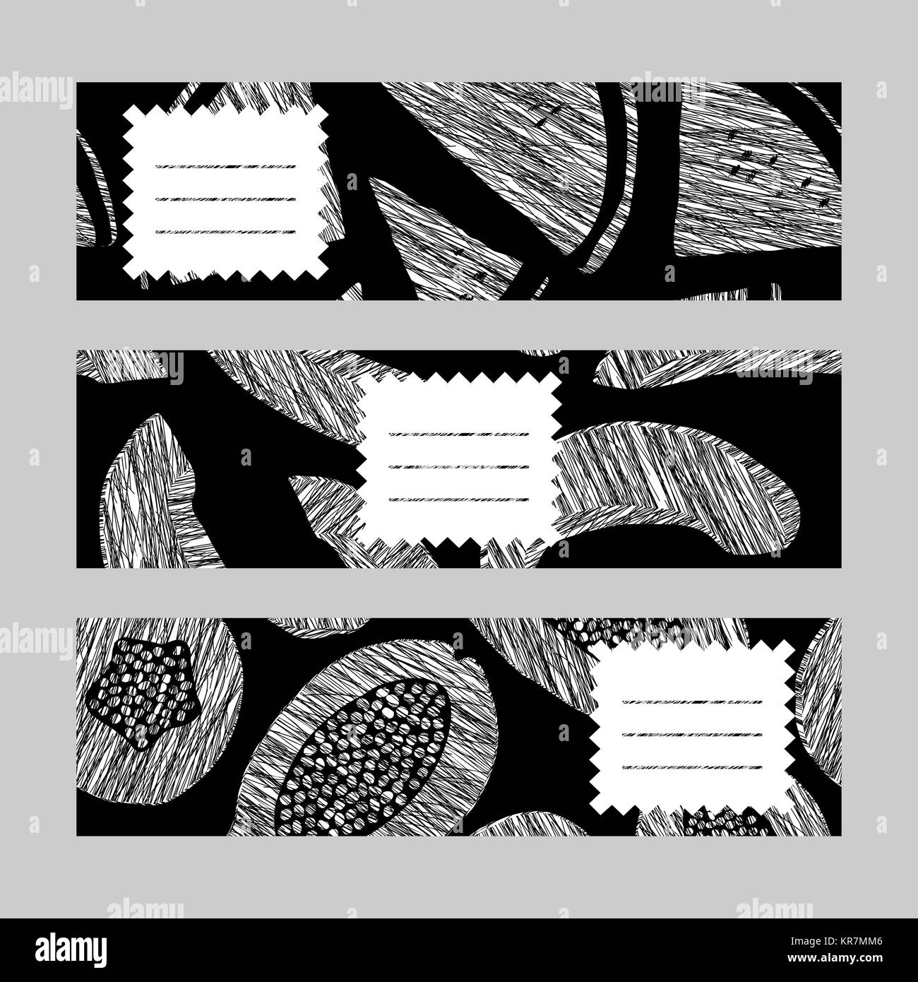 Healthy lifestyle banners series. Set of Horizontal cards. Scratched melon, watermelon and papaya invitations. Series of harvest fruit flyers. Monochr Stock Vector