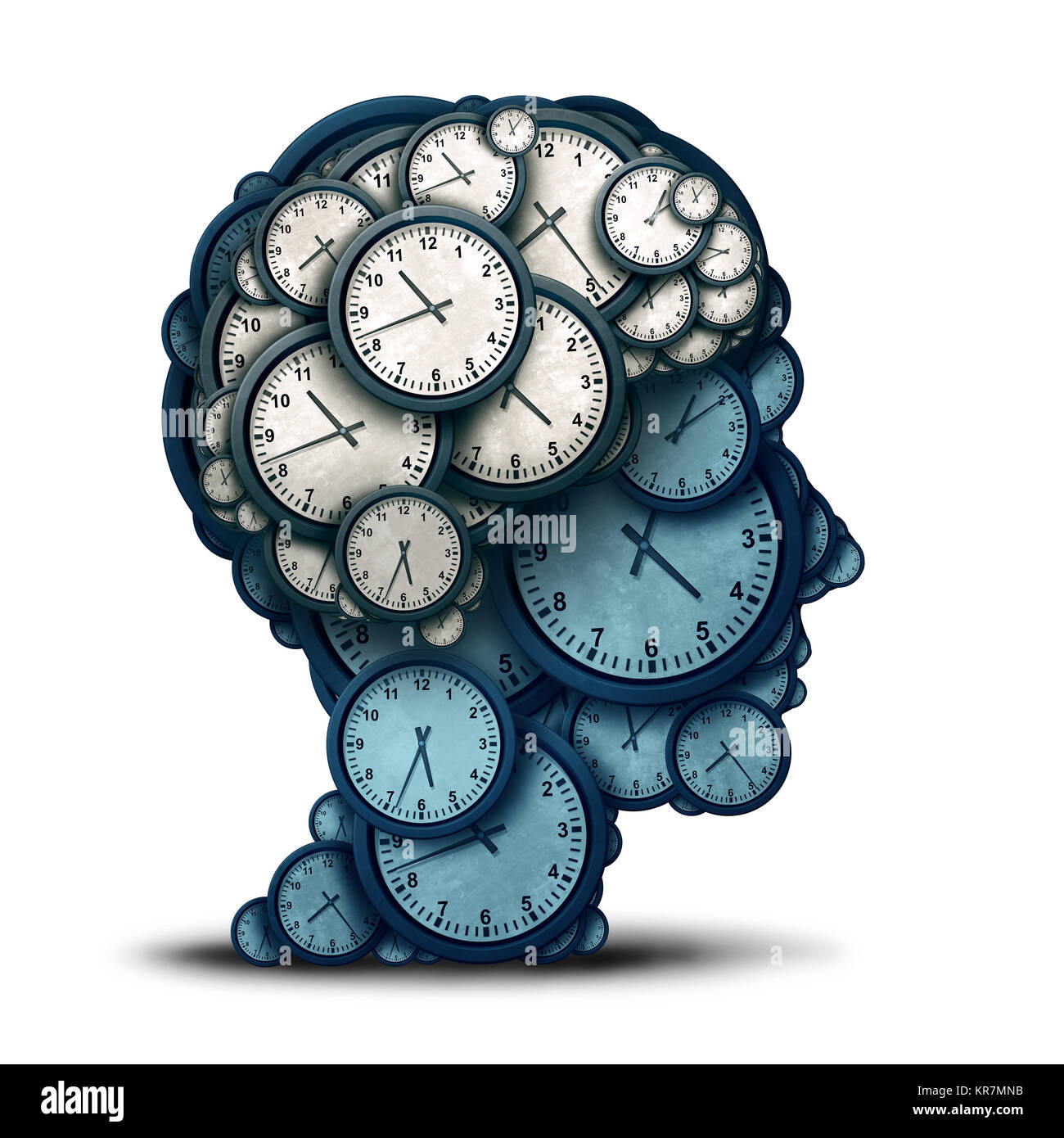 Time management mind and business scheduling or deadline planning as a human brain made of clock objects as a 3D illustration. Stock Photo