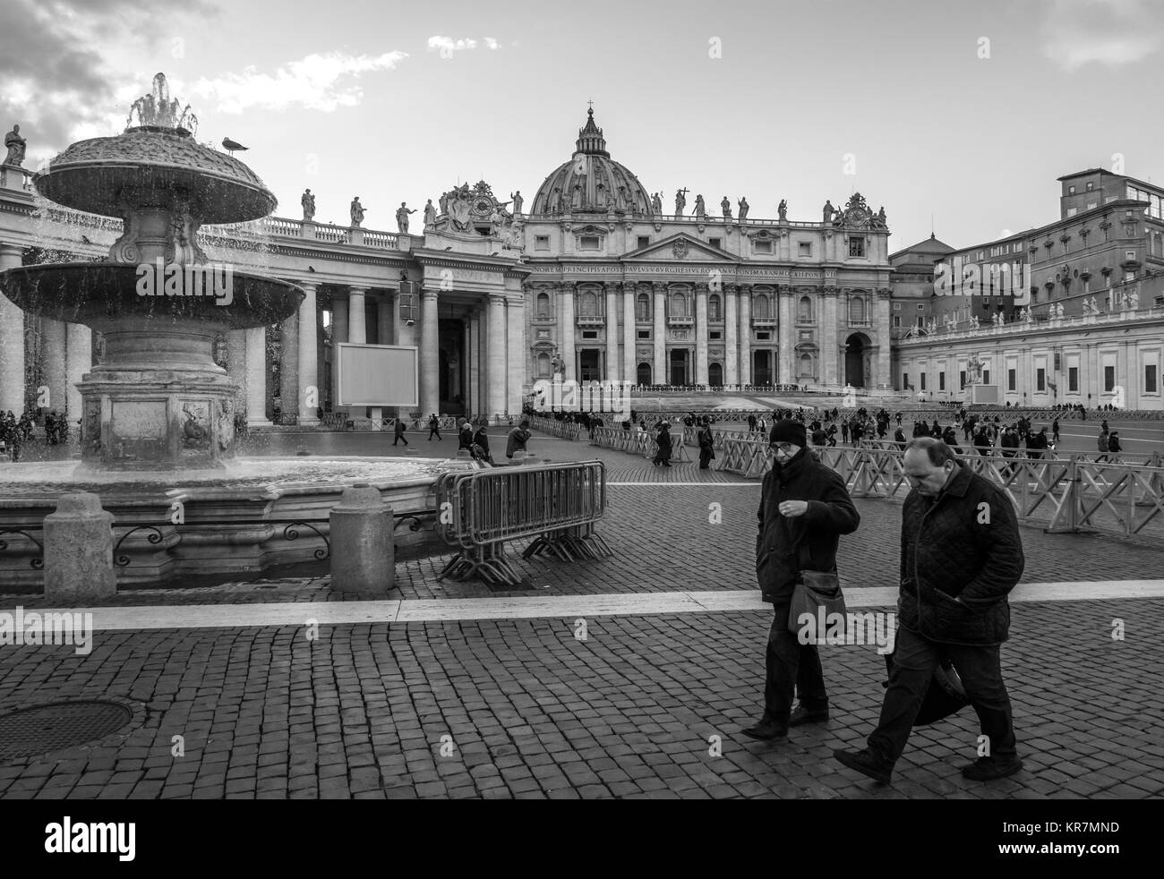 Rome, Italy - Saint Peter basilica in Vatican with the dome during the Christmas holidays. In particular the Nativity scene and Christmas Tree Stock Photo