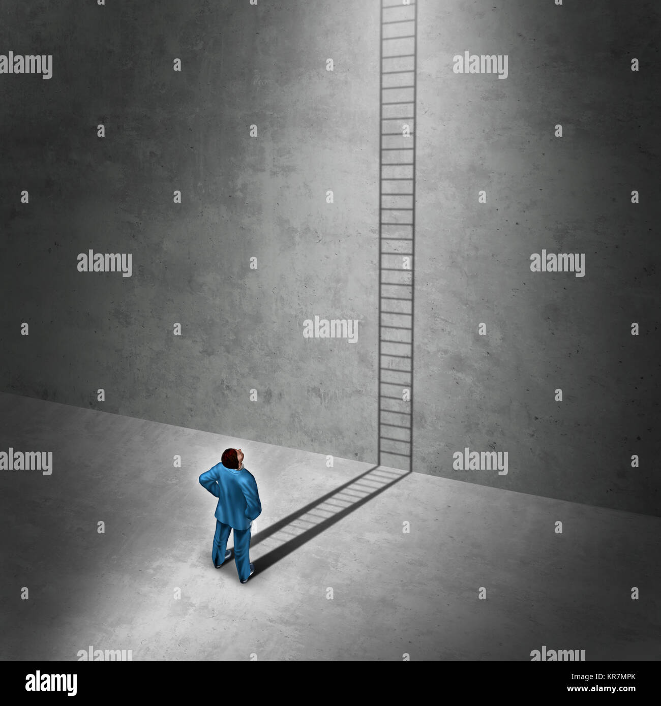 Visionary for solution success as a businessman casting a shadow of a ladder that climbs up the wall with 3D illustration elements. Stock Photo