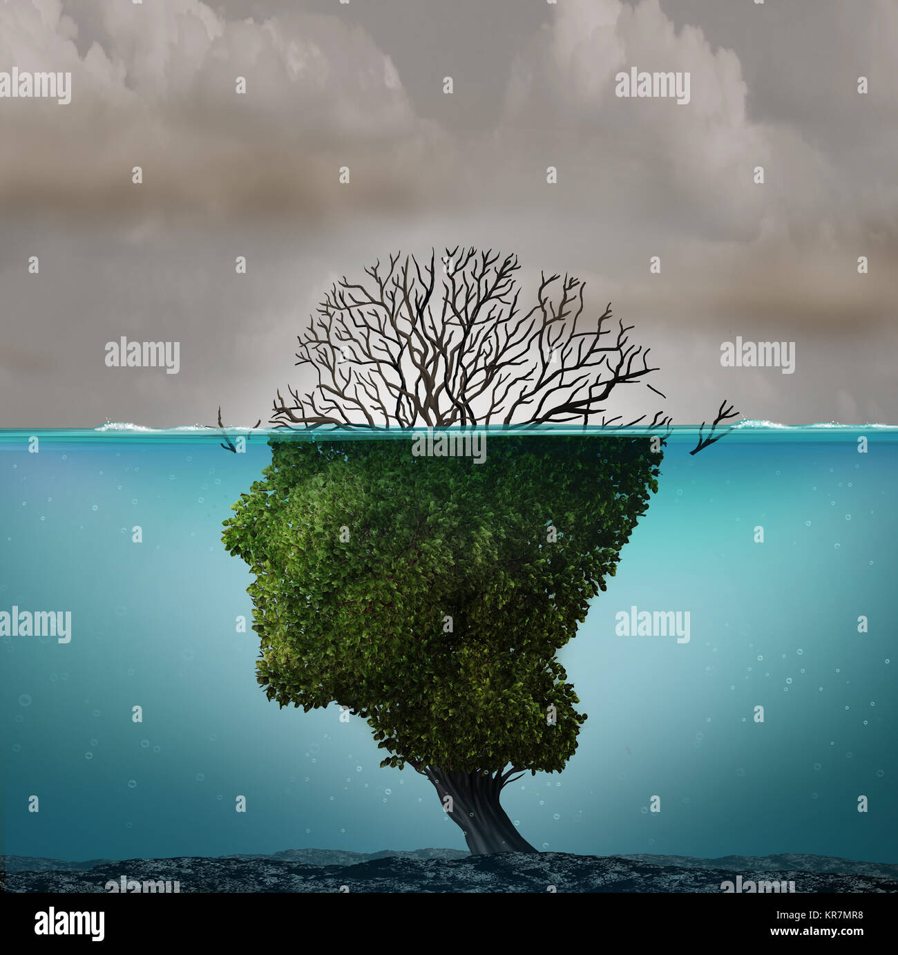 Polluted air contamination with hazardous industrial toxic emissions as a tree shaped as a human head underwater with the hazardous gas killing. Stock Photo