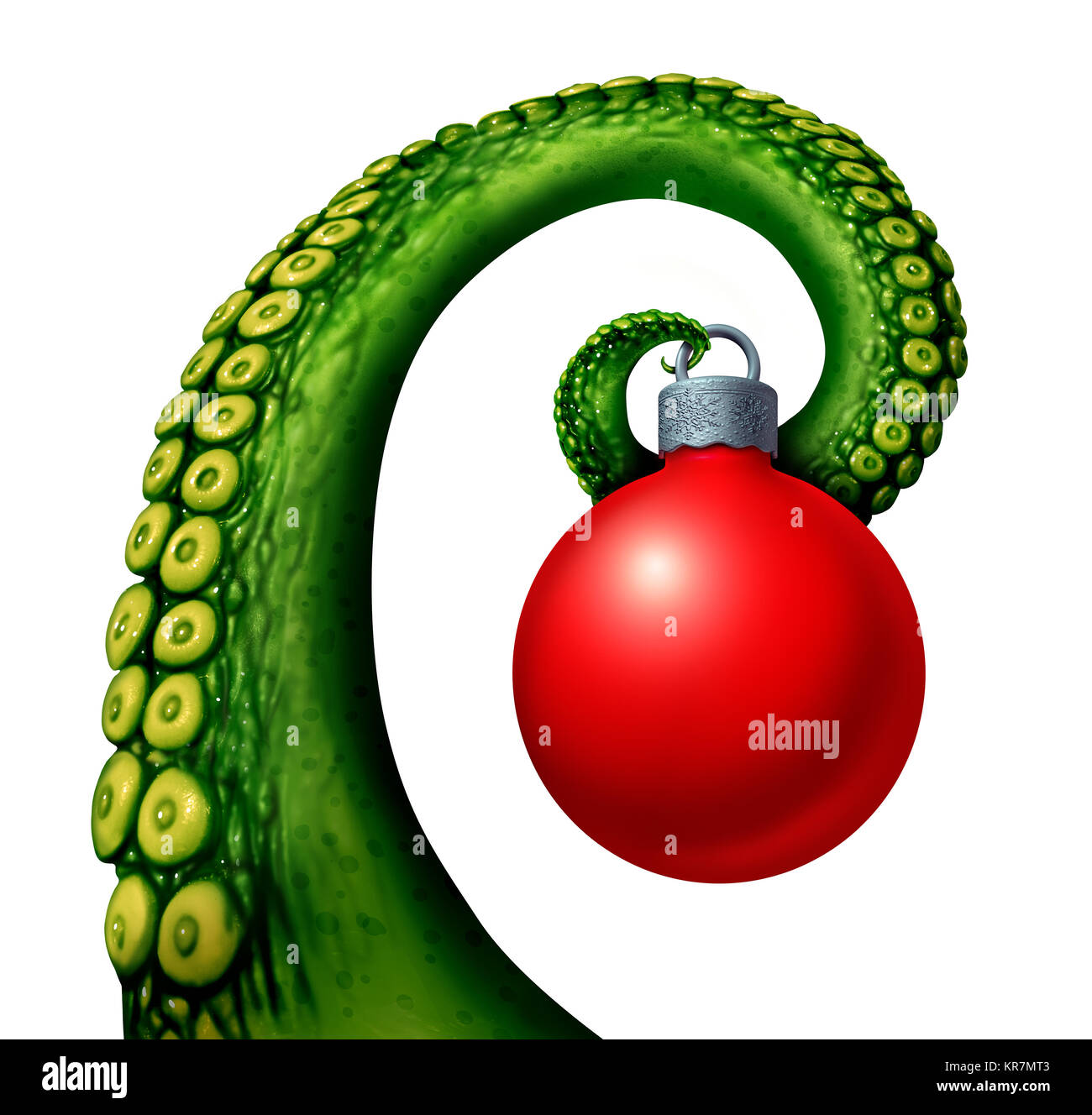Alien Christmas holiday as the extraterrestrial green tentacle of a space creature holding a winter season or new year ornamental decoration ball. Stock Photo