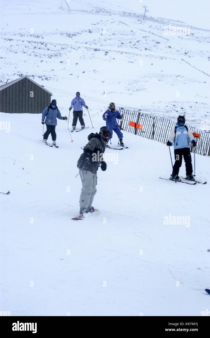 Skiers on the snow slopes at the Aviemore ski centre in the Cairngorms