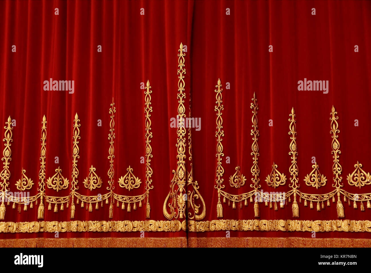 Theatrical red velvet curtain with gold pattern Stock Photo Alamy