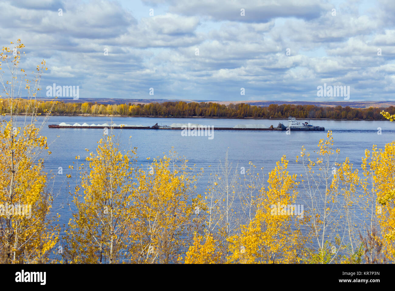 Photo of autumn landscape with barge Stock Photo
