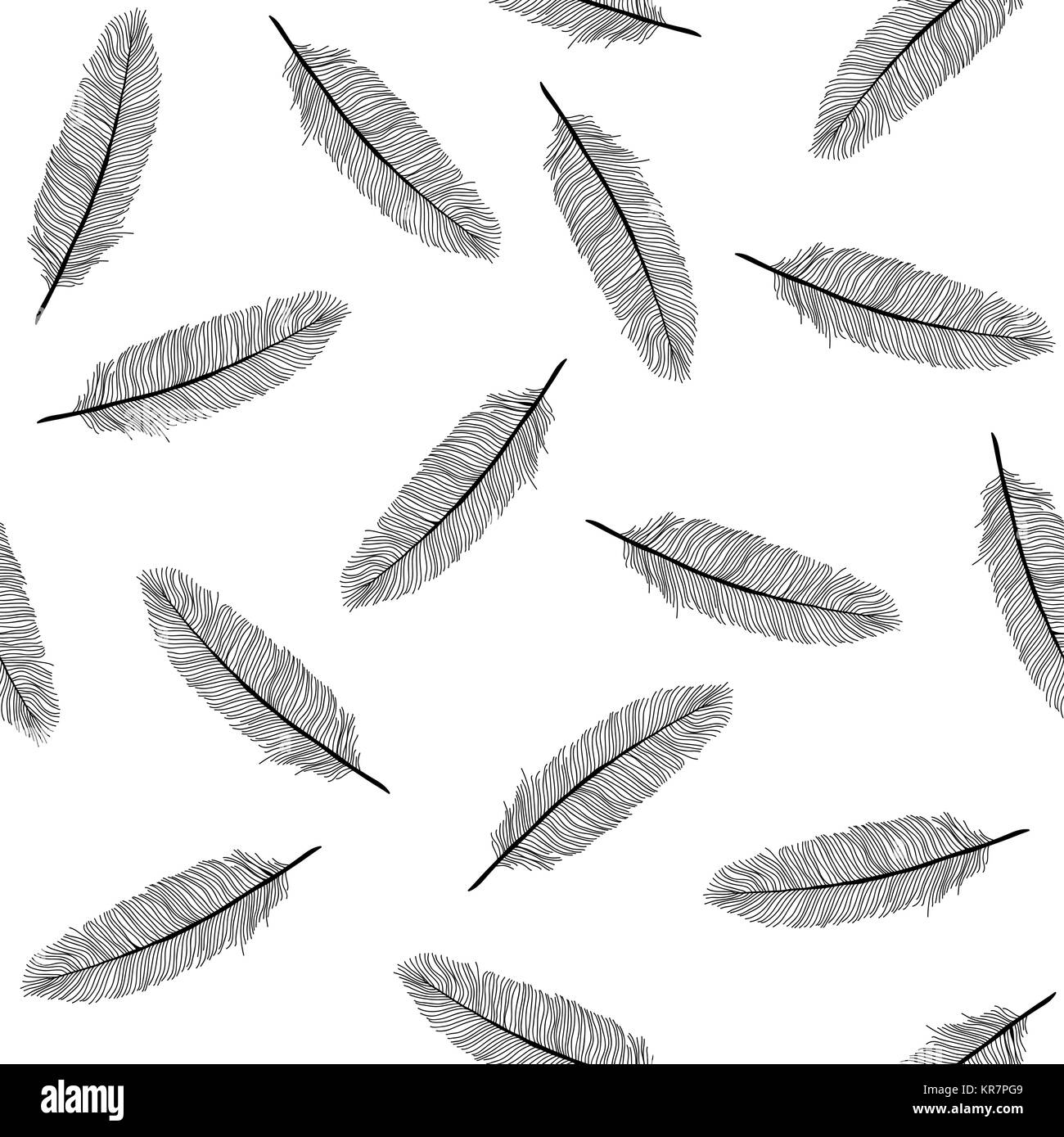Fluffy bird feathers. Black and white seamless pattern. Vintage background. Hand drawn feathers isolated on white background. Hand drawn art. Stock Vector
