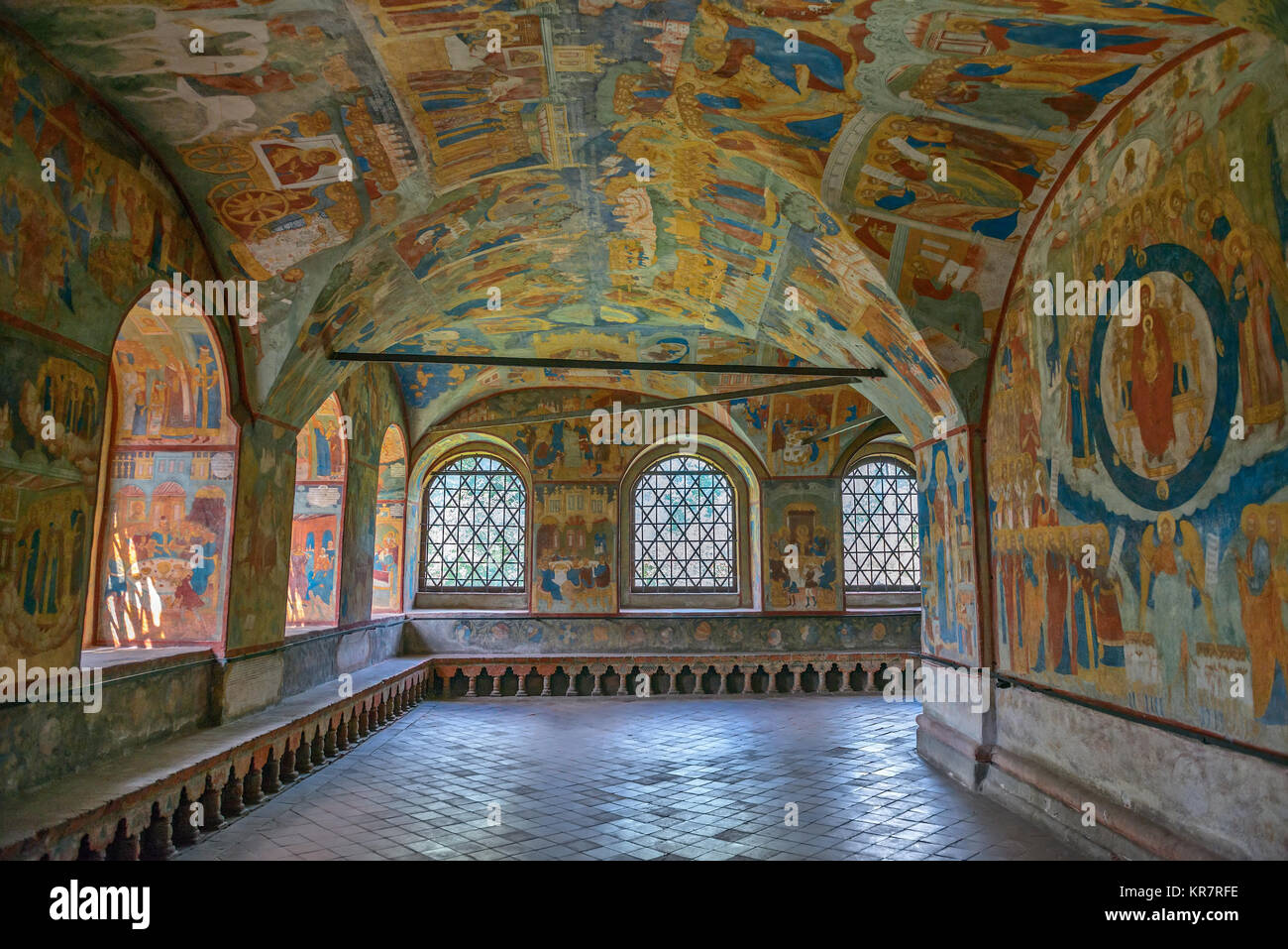 Painting frescoes in interior of St. John the Baptist Church, Yaroslavl ...