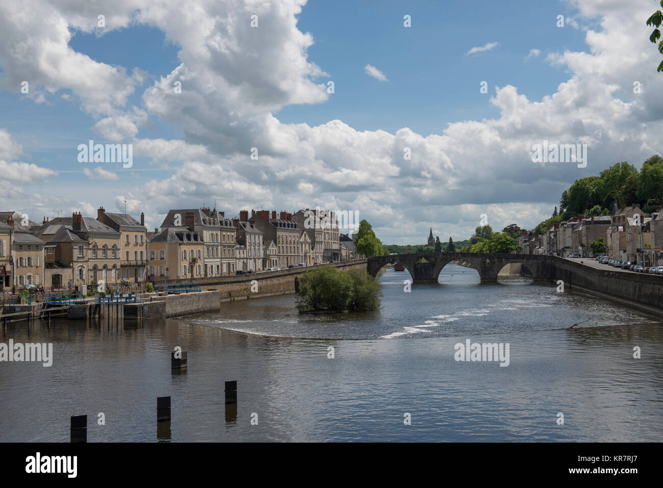 View looking South of the Mayenne River flowing through the town of