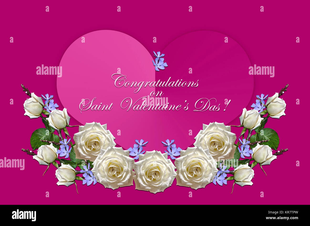 Garland of white roses with buds and purple periwinkle with pink hearts on  colors fuchsia background Stock Photo - Alamy