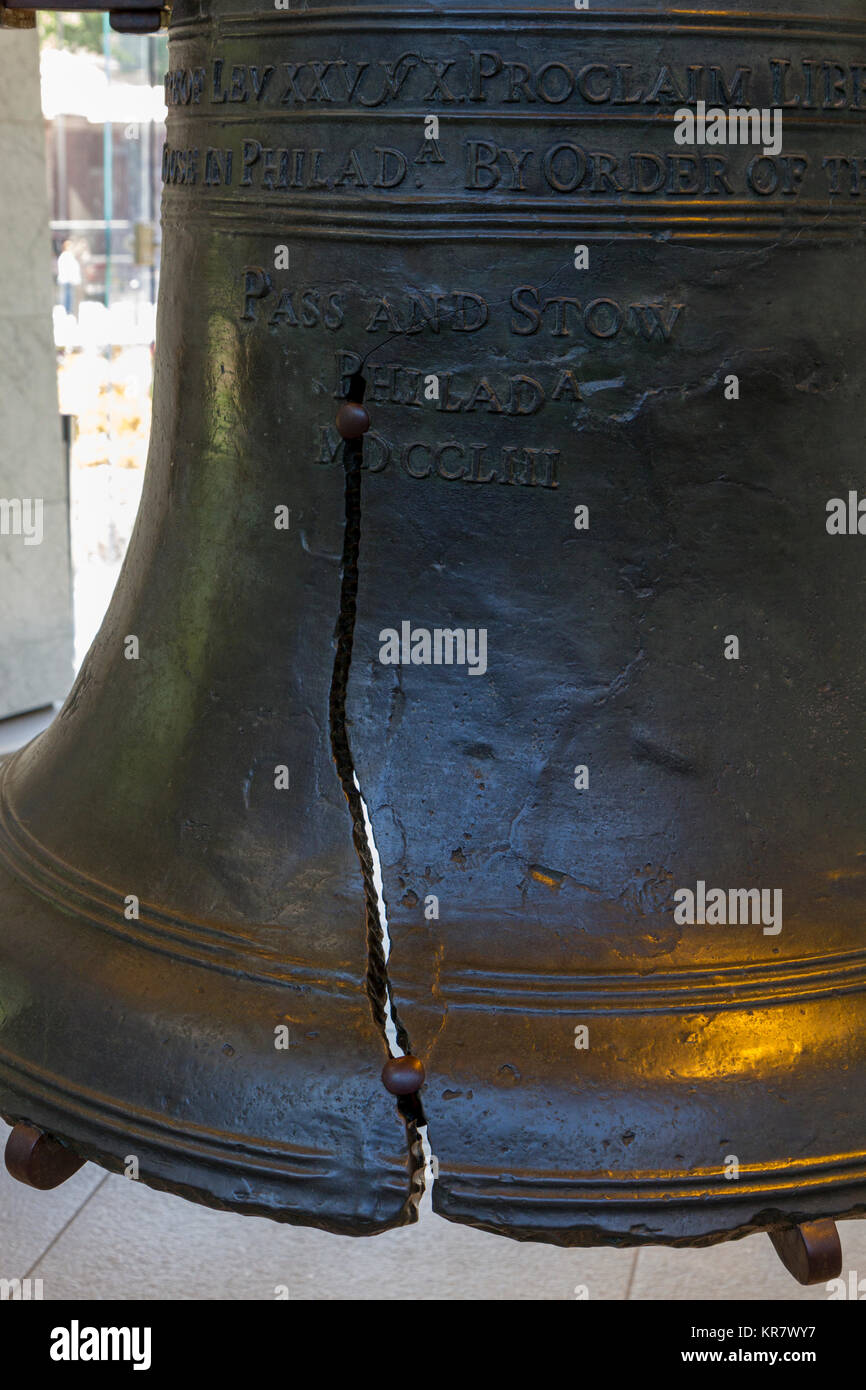 The crack on the Liberty Bell on display inside the Liberty Bell Museum