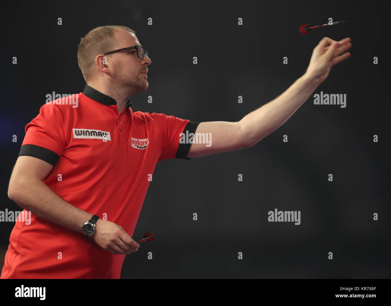 Mark Webster during day of the Hill World Darts Championship at Palace, London Photo - Alamy