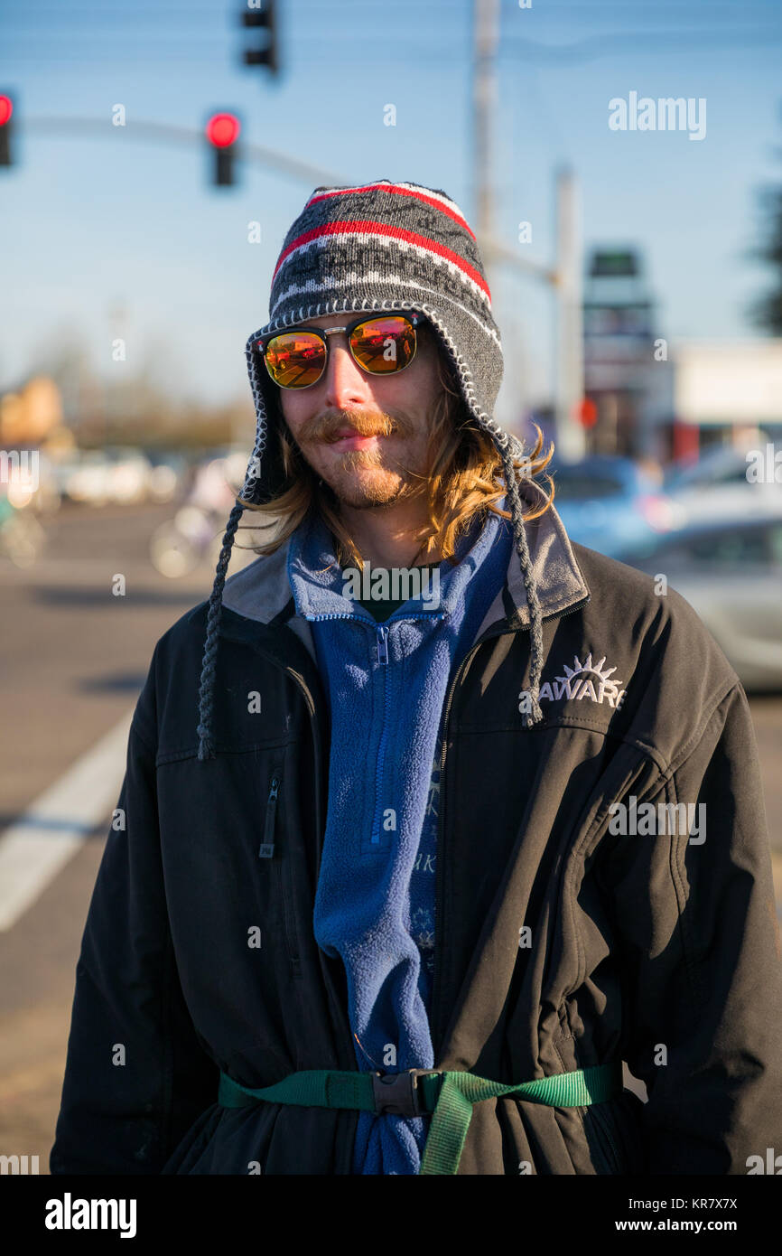 Homeless Transient Man on Street Corner Stock Photo
