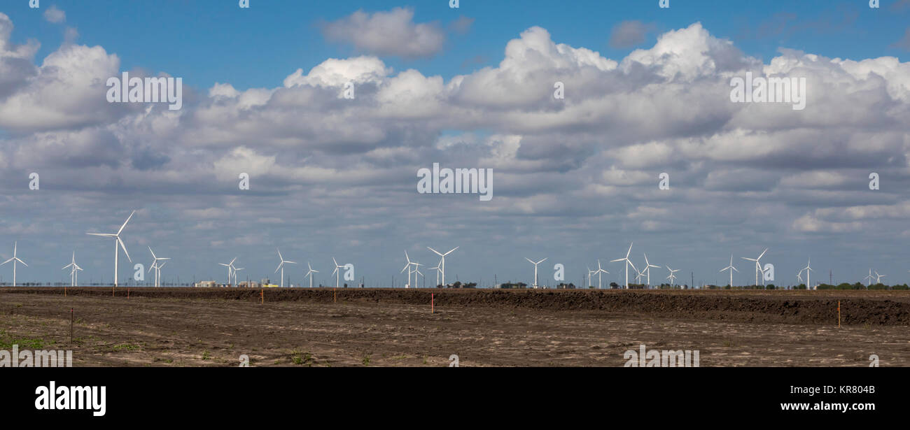 Taft, Texas - Wind turbines near the Gulf of Mexico. They are part of the Papalote Creek Wind Farm, which has 196 turbines producing 380 MW. Stock Photo
