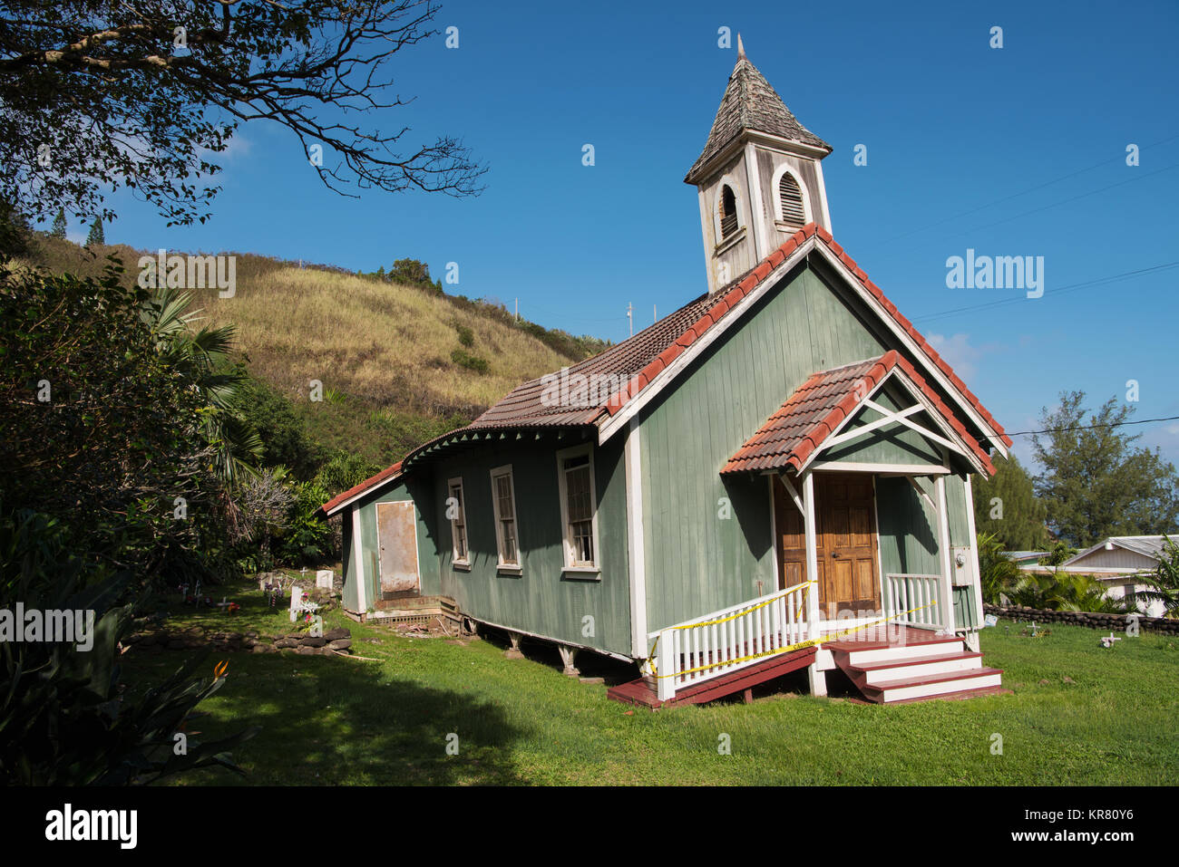 The sagging historic Church in Kahakuloa Village, Maui, Hawaii Stock Photo