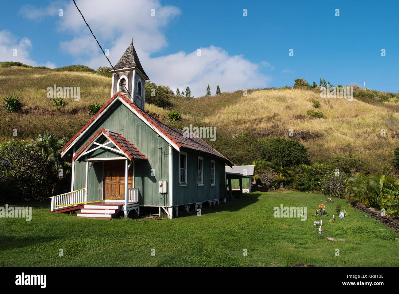 The sagging historic Church in Kahakuloa Village, Maui, Hawai'i Stock Photo