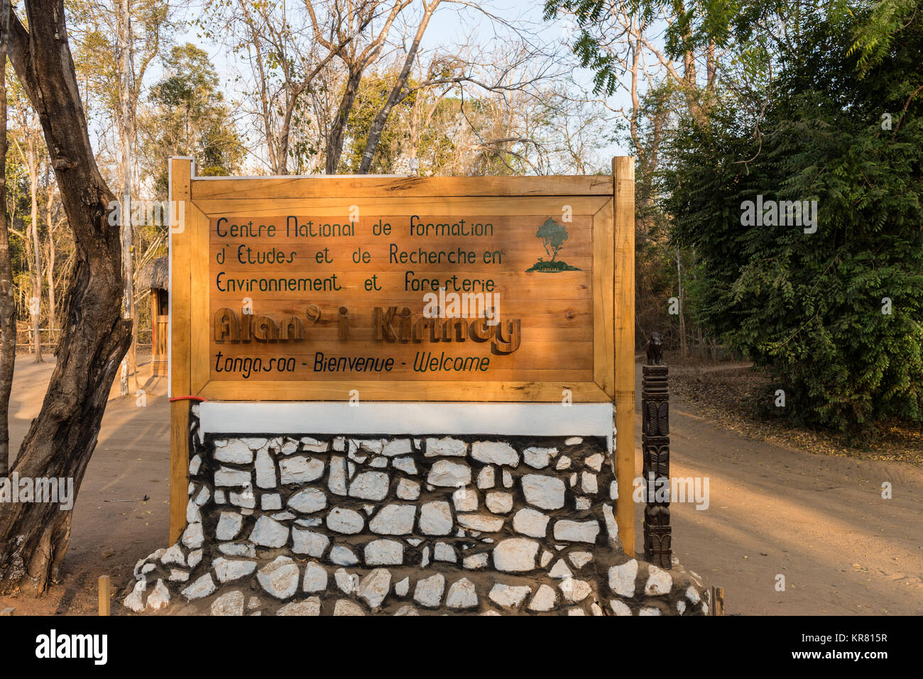 Welcome sign at the entrance to the Kirindy Forest Reserve. Madagascar, Africa. Stock Photo