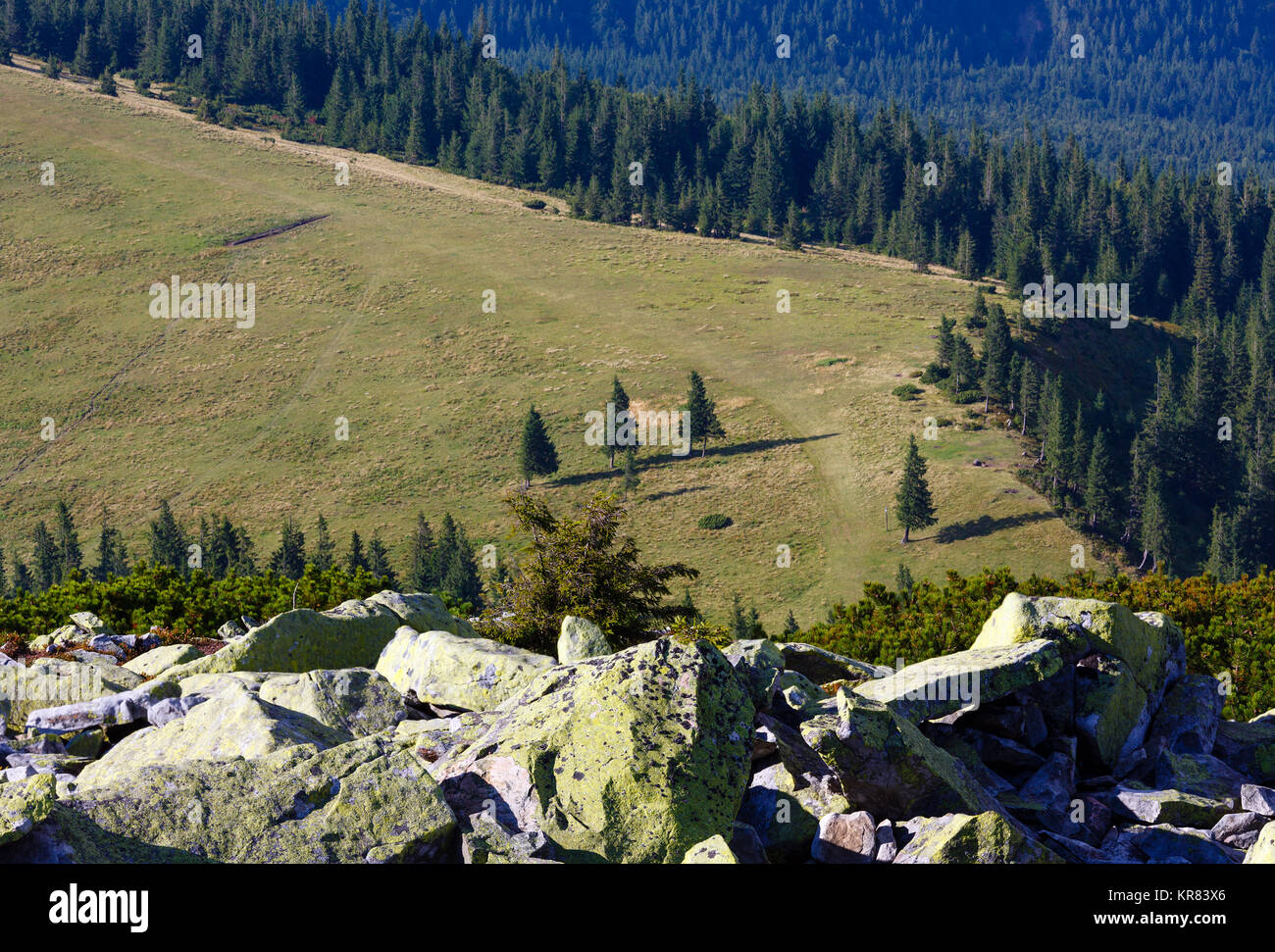 Summer view to mountain plateau from stony summit of Homiak Mount (Gorgany, Carpathian, Ukraine). Stock Photo