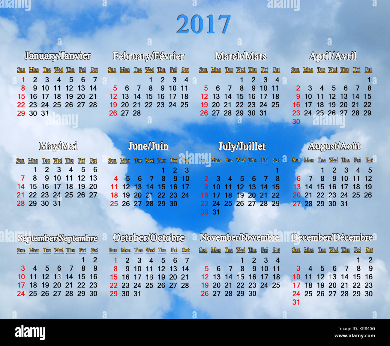 Calendar For 17 Year In English And French Stock Photo Alamy