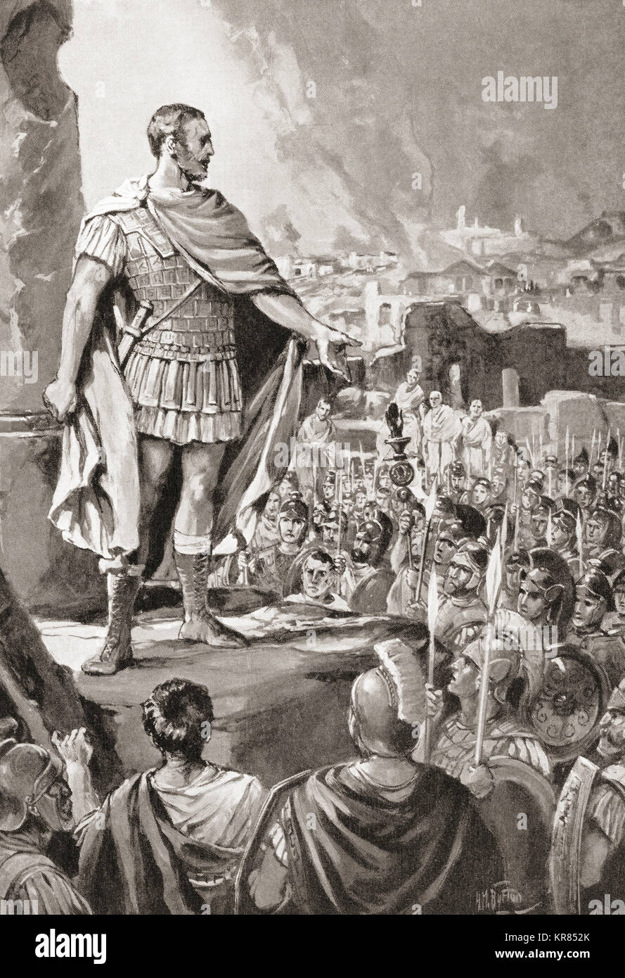 The first secessio plebis of 494 B.C. in ancient Rome. This was a dispute between the patrician ruling class and the plebeian underclass initially sparked by discontent about the burden of debt on the poorer plebeian class.  From Hutchinson's History of the Nations, published 1915. Stock Photo