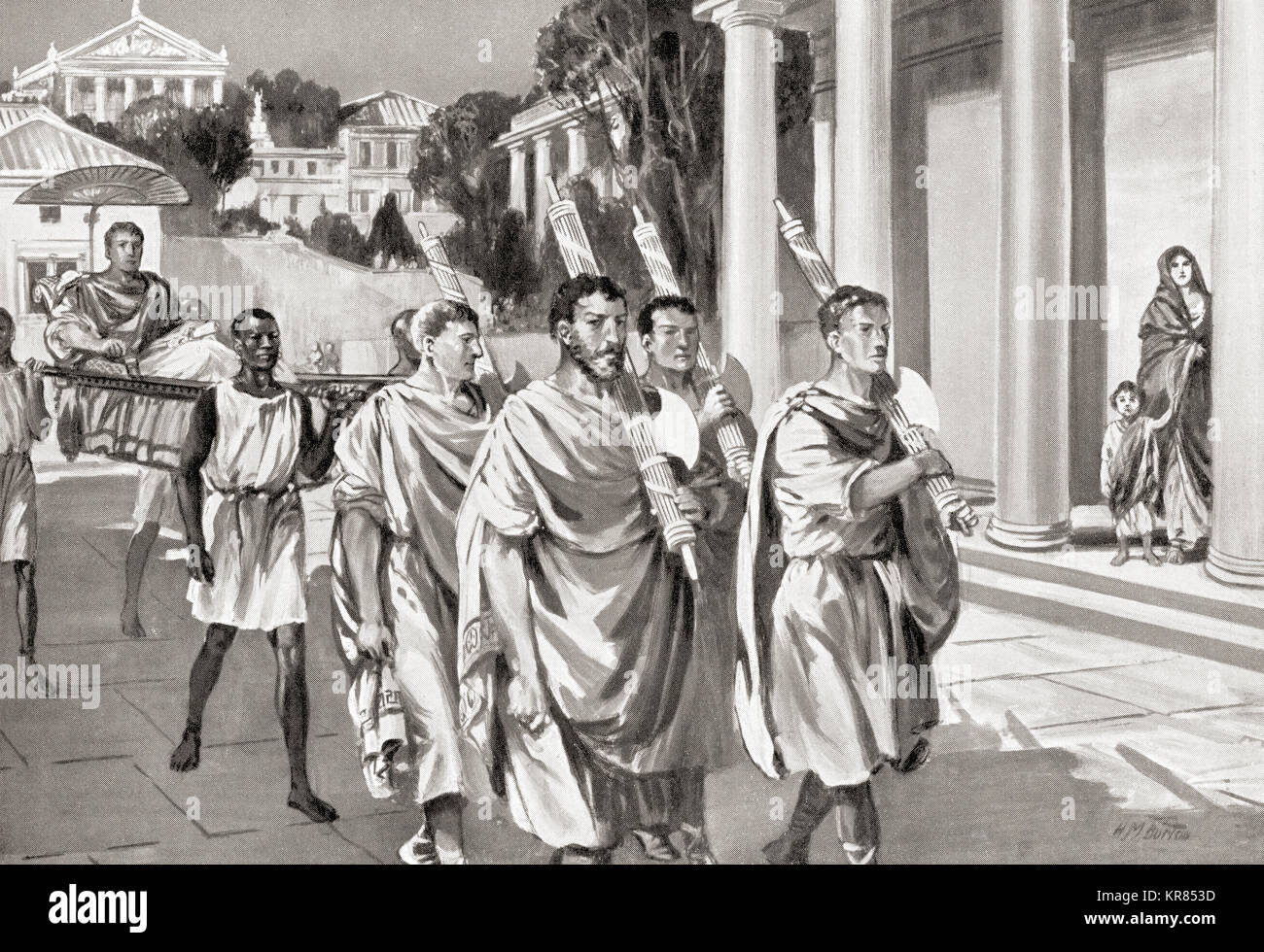 Lictors carrying fasces.  In ancient Rome the Lictors were public officers and bodyguards to the chief Roman magistrates, they carried rods decorated with fasces and inflicted punishment on those sentenced by the magistrate and commanded everyone to pay proper respect to their masters as they went through the city.   From Hutchinson's History of the Nations, published 1915. Stock Photo