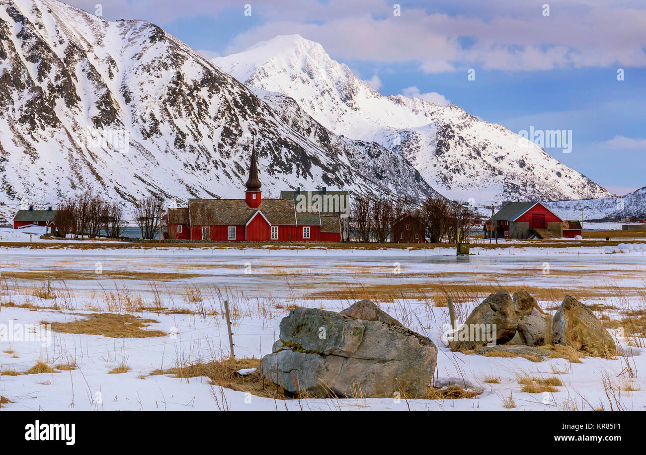 Flakstad Church is a pretty rural church on the Lofoten islands in Northern Norway. Stock Photo