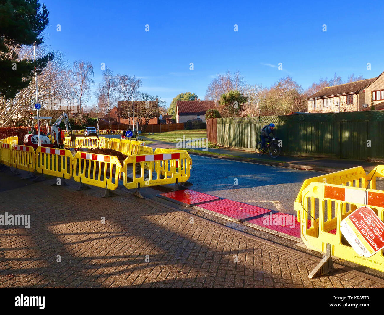 Roadworks outside Birchwood Primary school on Valiant Road, Martlesham Heath. December 2017. Stock Photo