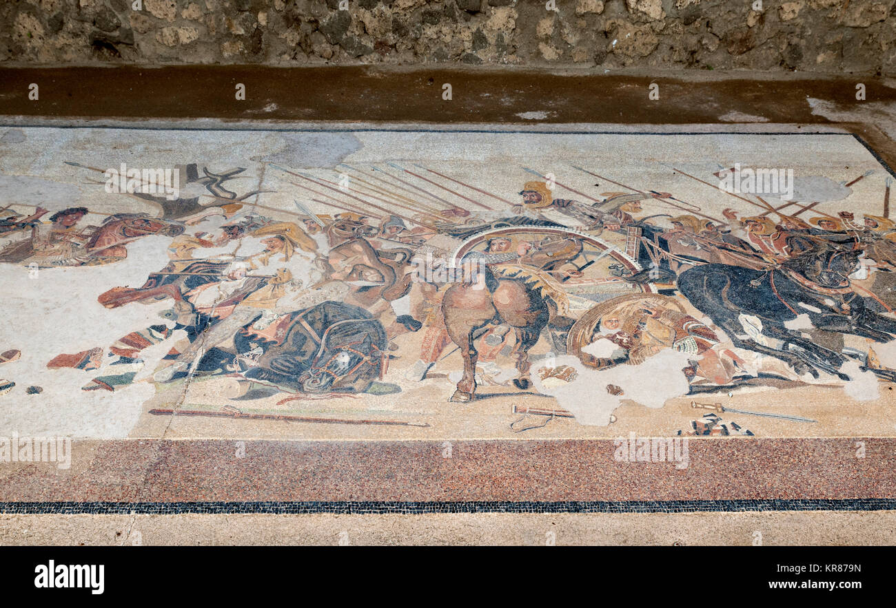 Mosaic in the House of the Faun (Casa del Fauno) at Pompeii ( Pompei ), Naples, Campania,Italy Stock Photo