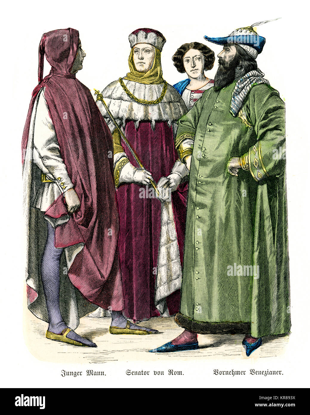 Vintage engraving of Mens Fashions of Medieval Italy, 14th Century. Young man, senator from Rome, Venetian Stock Photo