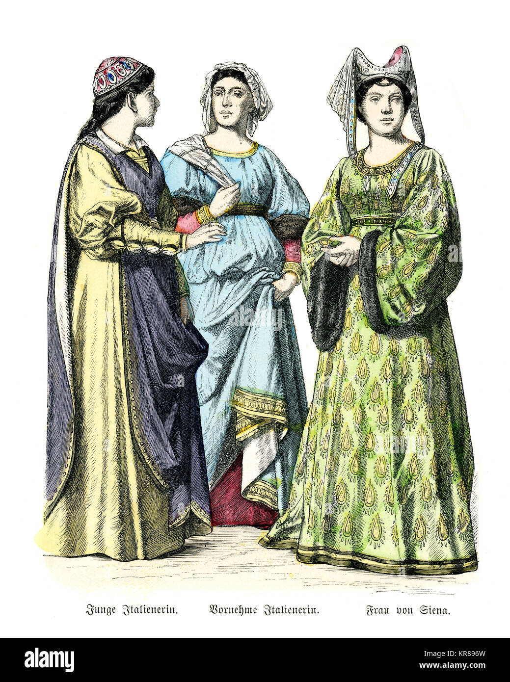 Vintage engraving of Italian women in the fashions of medieval Italy, 14th Century Stock Photo