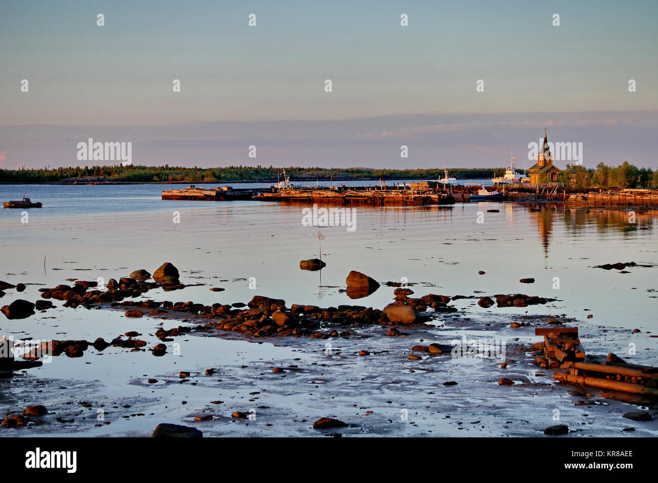 Sea pier in the city Rabocheostrovsk, Karelia, Russia. Stock Photo