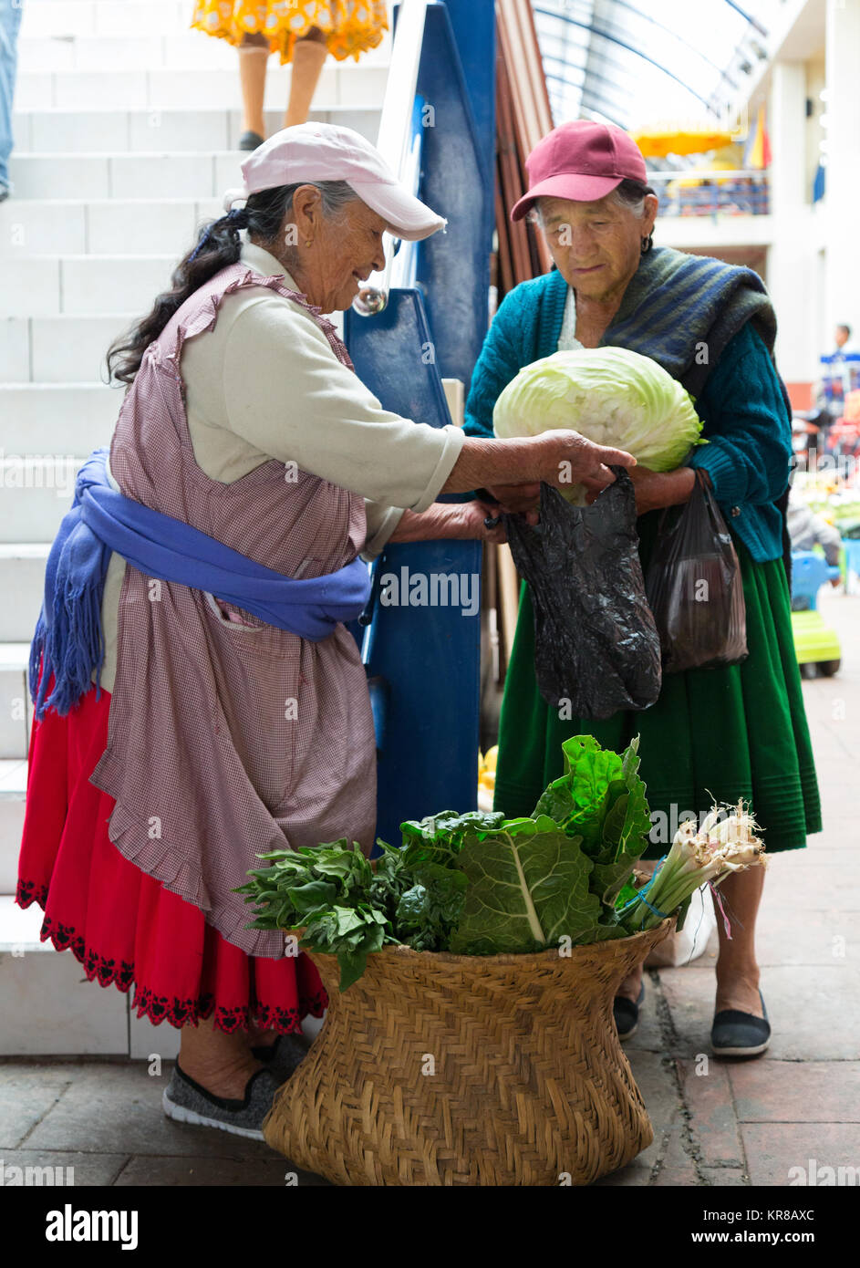 Ecuador women in traditional costume buying and selling food in the indoor market, Gualaceo, southern Ecuador, Latin America, South America Stock Photo
