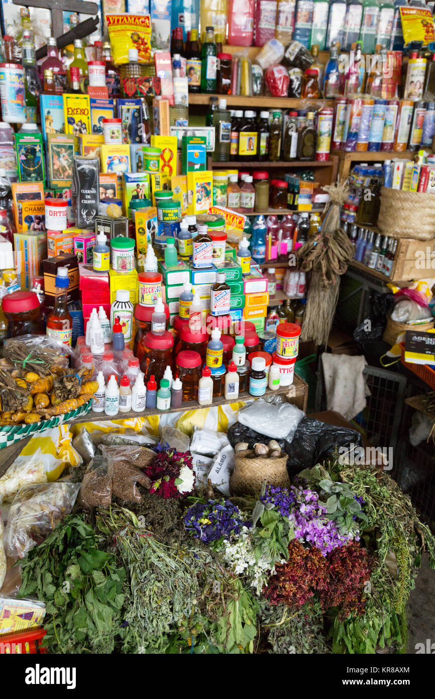 Medicinal plants and extracts for natural healing medications on sale, Cuenca market, Cuenca, Ecuador South America Stock Photo
