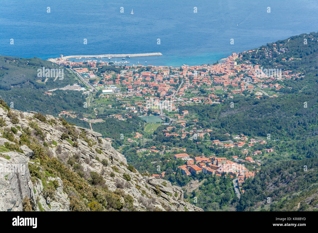 Marciana Marina view from the top of Capanne Mountain in Elba Island, Tuscany, Italy. Stock Photo