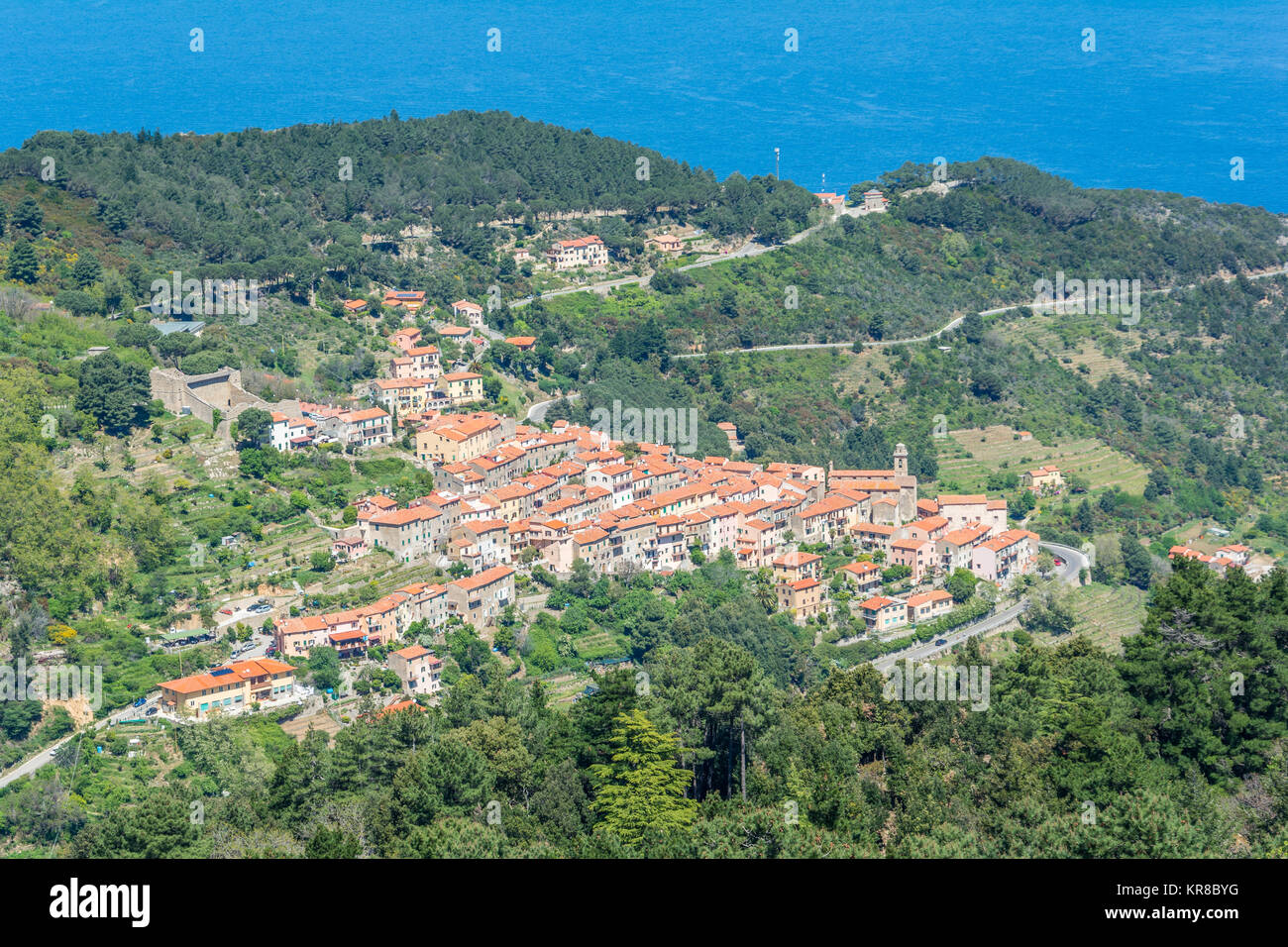 Panoramic view of Marciana village in Elba Island. Stock Photo
