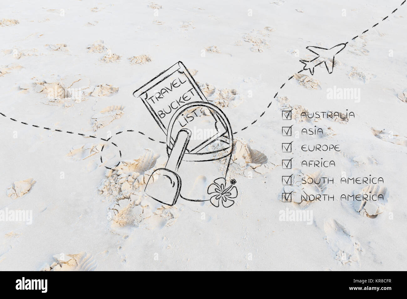 bucket list of travel destination, with continents ticked off Stock