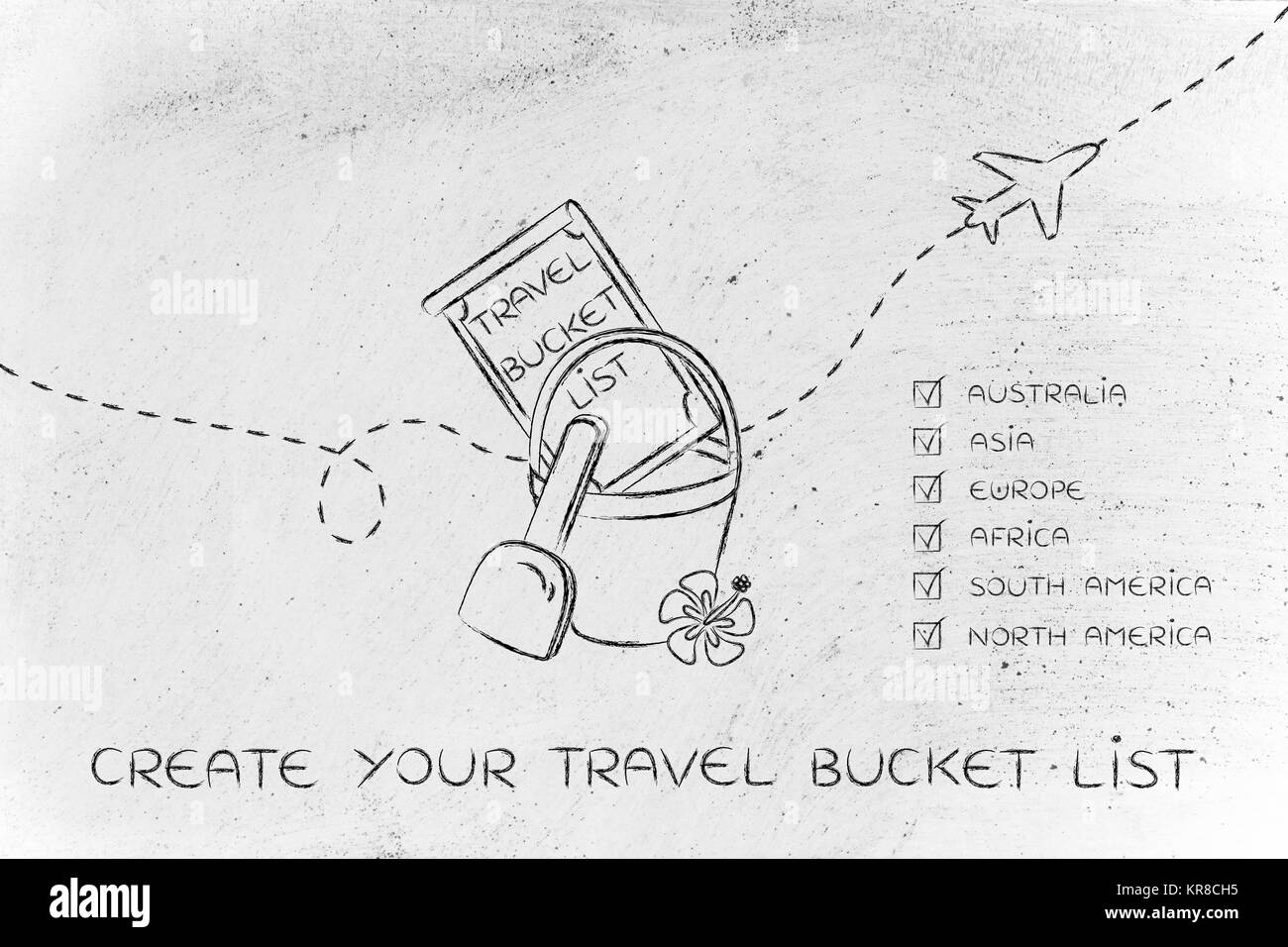 bucket list of travel destination, with continents ticked off Stock