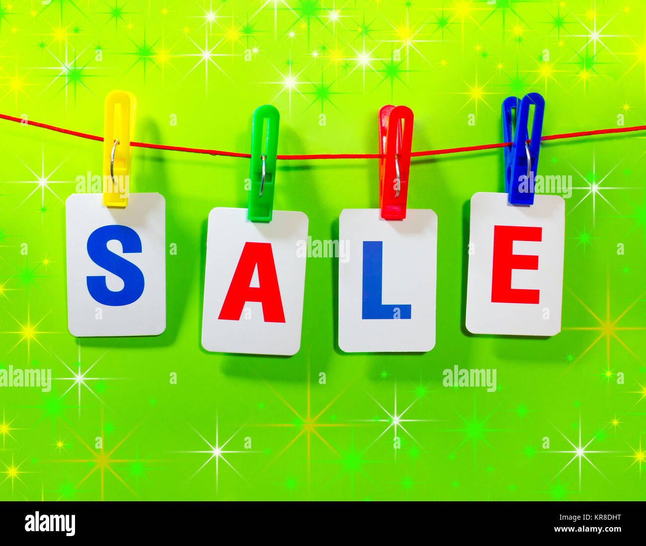 Sale paper label from cards hanging on red background, discount banner