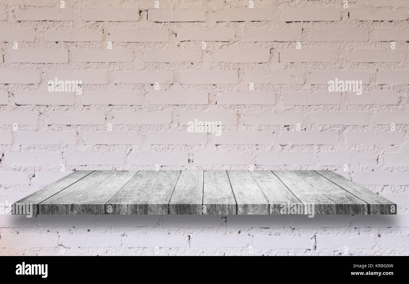 Top Of Black And White Wooden Shelf With White Brick Wall Stock Photo Alamy