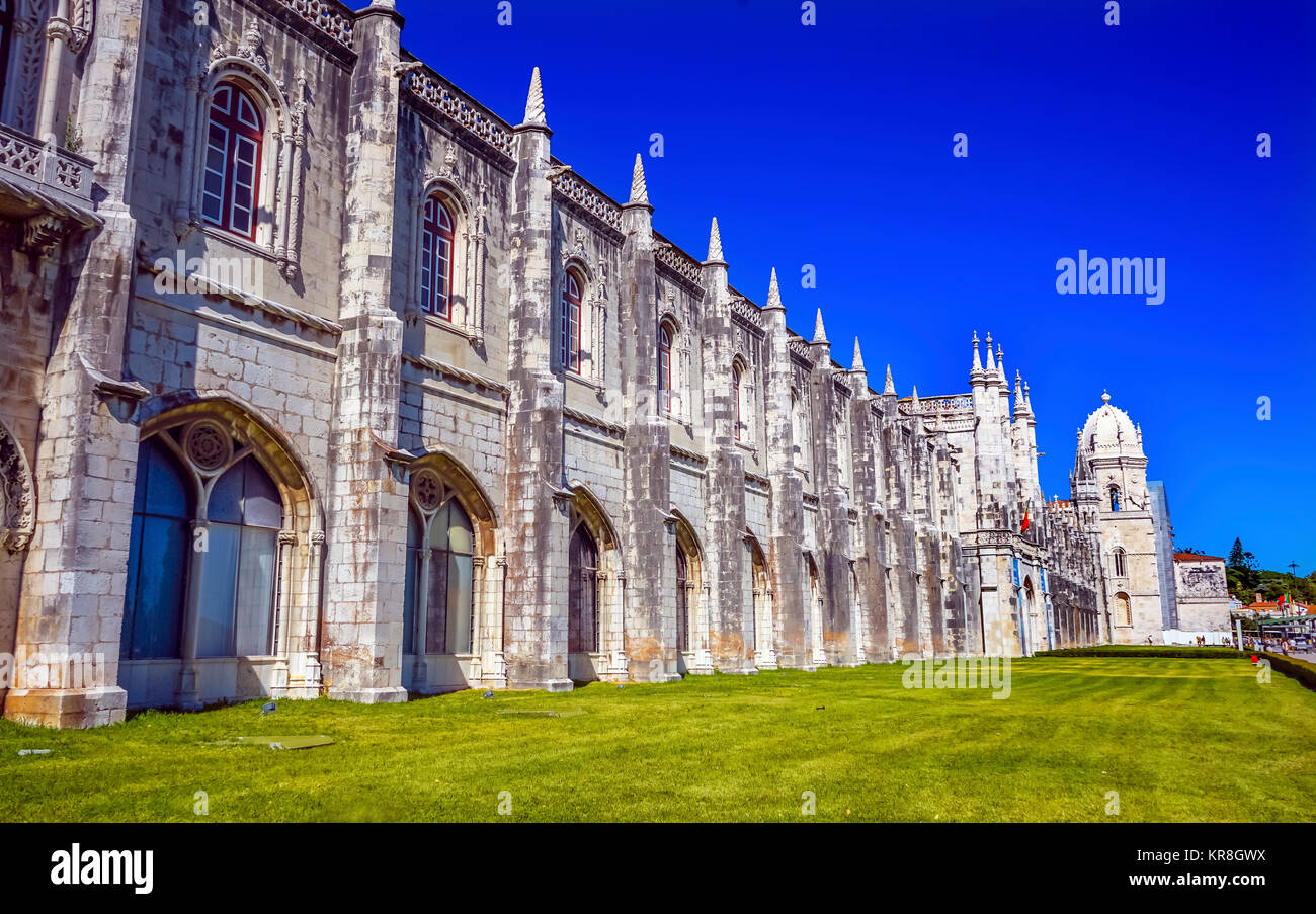 Stone Angels West Portal Monastery Saint Jerome Mosteiro dos Jeronnimos Belem Lisbon Portugal. Catholic Monastery of Saint Jerome in 1501. Sculptures Stock Photo