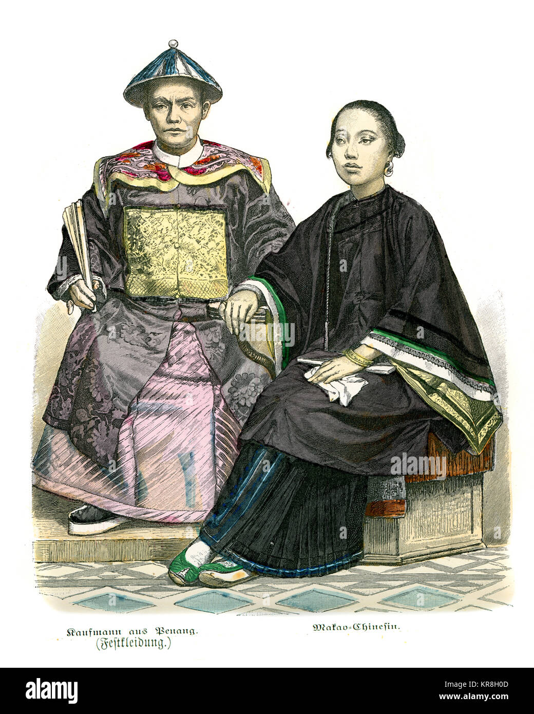Vintage engraving of Traditional costumes of China, Merchant of Penang and Macau Chinese woman, 19th Century Stock Photo