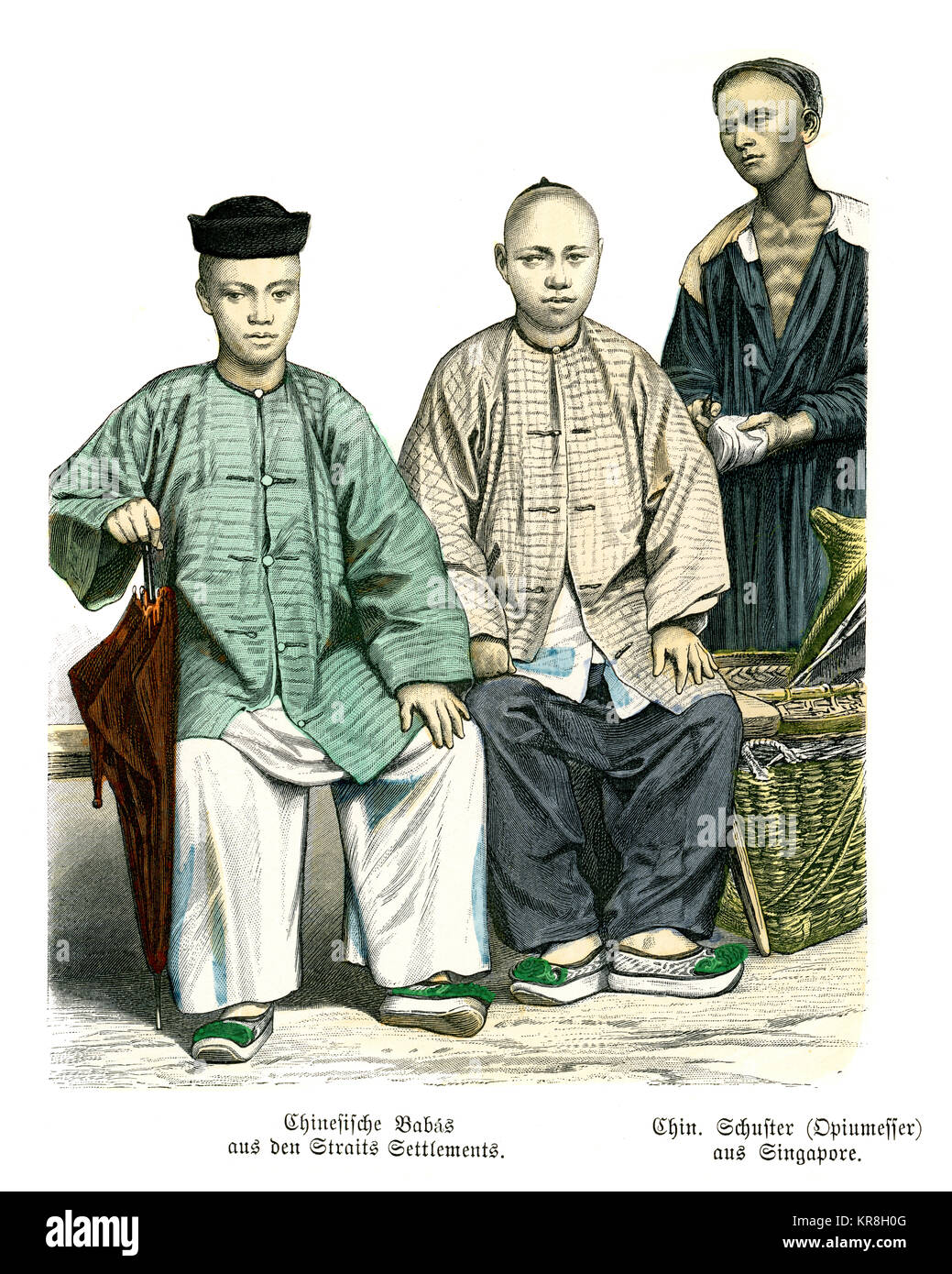 Vintage engraving of Traditional costumes of China, Chinese Babas of Straits settlements, Showmaker of Singapore, (Opium eater), 19th Century Stock Photo