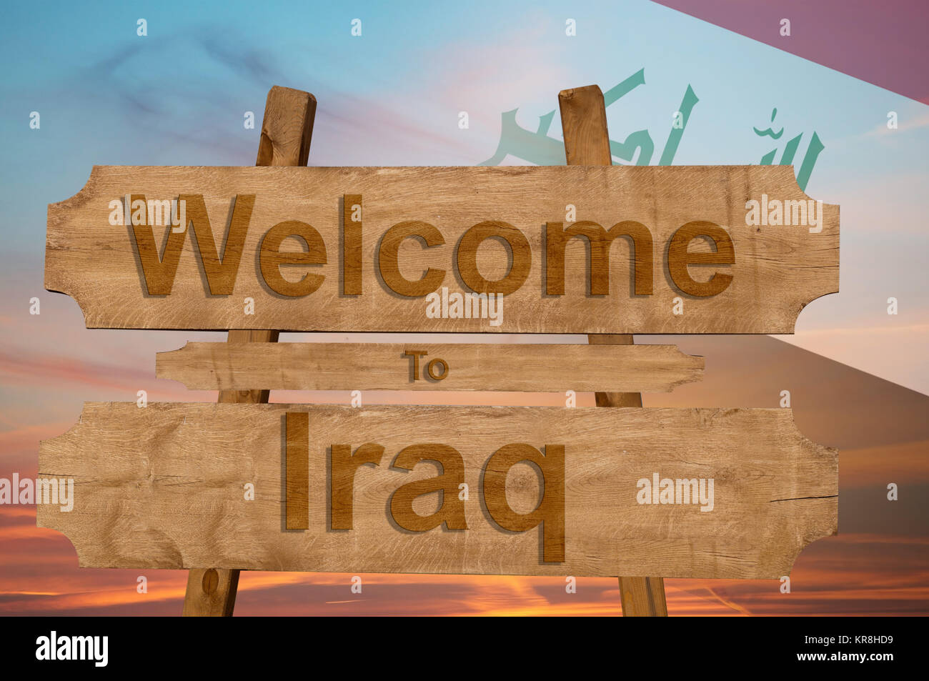 welcome to iraq sing on wood background with blending national flag ...