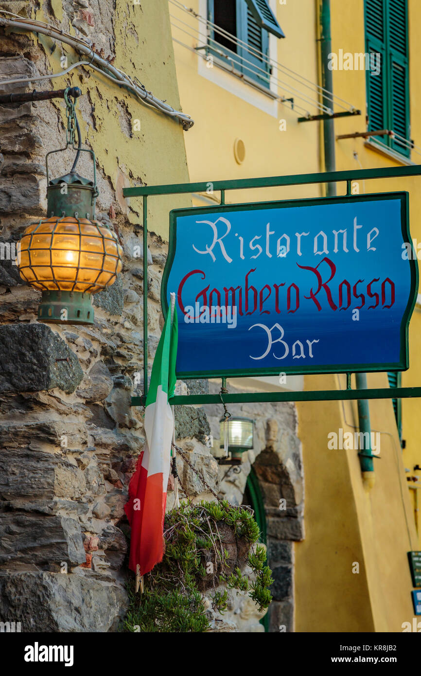 A bar and restaurant sign in the village of Vernazza, Cinque Terre, Liguria, Italy, Europe. Stock Photo